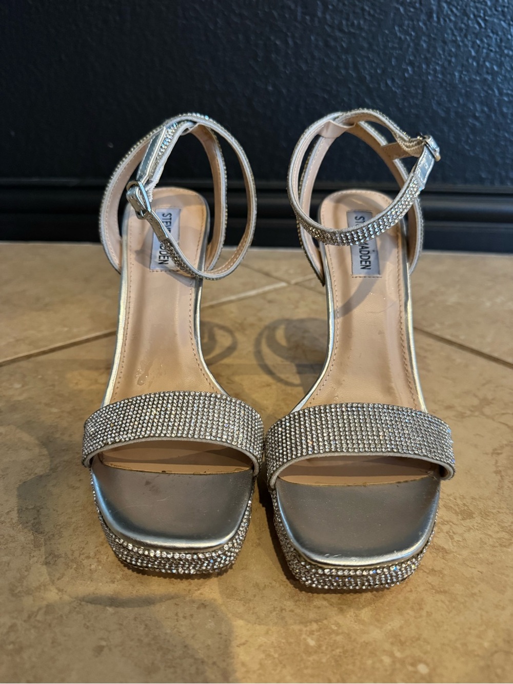 Steve Madden Silver Crystal Ankle-Strap Platform Sandals